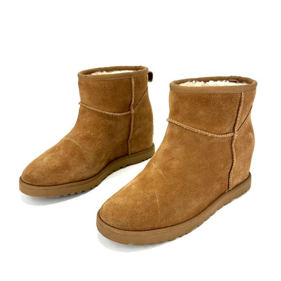 UGG Classic Femme Mini Hidden Wedge Heel Ankle Boot Size 9 Chestnut Suede Bootie - Picture 10 of 15